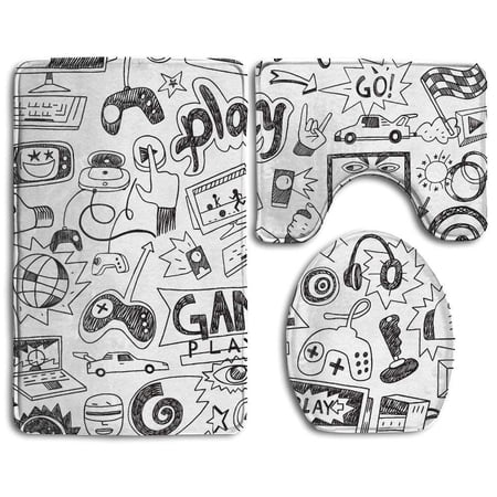 GOHAO Video Games Sketch Gaming Racing Monitor Device Gadget Teen 90s 3 Piece Bathroom Rugs Set Bath Rug Contour Mat and Toilet Lid Cover