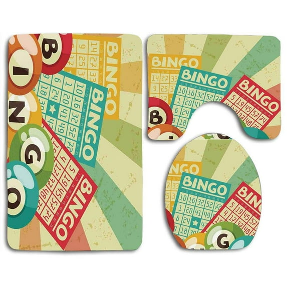 GOHAO Vintage Bingo Game Ball Cards Pop Lottery Hobby Celebration 3 Piece Bathroom Rugs Set Bath Rug Contour Mat and Toilet Lid Cover