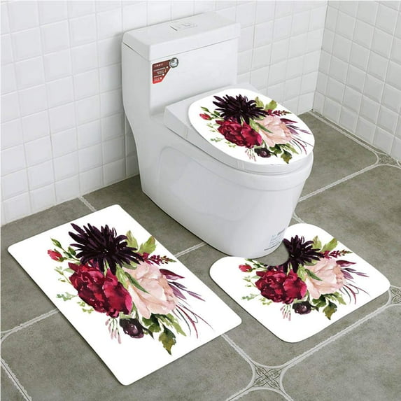 GOHAO Watercolor Floral Flowers Burgundy Bouquet 3 Piece Bathroom Rugs Set Bath Rug Contour Mat and Toilet Lid Cover