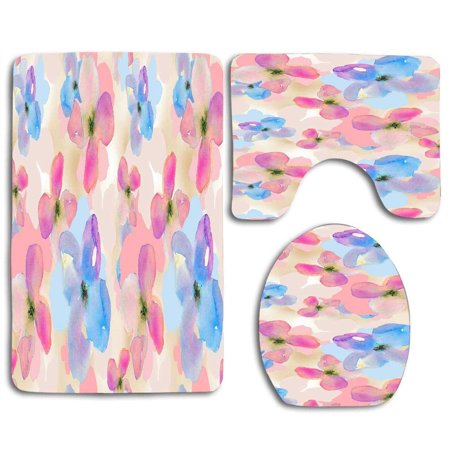 GOHAO Watercolor Flowers 3 Piece Bathroom Rugs Set Bath Rug Contour Mat and Toilet Lid Cover