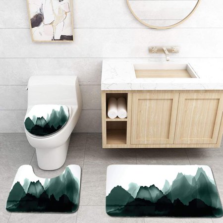 GOHAO Watercolor Mountain Landscape 3 Piece Bathroom Rugs Set Bath Rug Contour Mat and Toilet Lid Cover