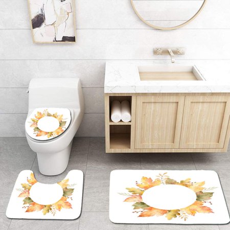 GOHAO Watercolor Round Frame Leaves and Branches Isolated on White 3 Piece Bathroom Rugs Set Bath Rug Contour Mat and Toilet Lid Cover
