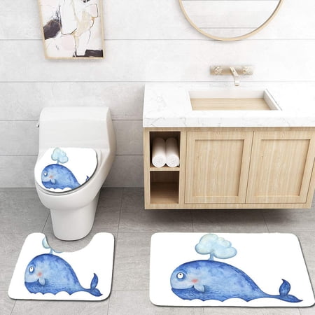 GOHAO Watercolor Whale 3 Piece Bathroom Rugs Set Bath Rug Contour Mat and Toilet Lid Cover