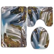 GOHAO Waterfall Bruarfoss Waterfall in Iceland River Landscape and Wild Nature 3 Piece Bathroom Rugs Set Bath Rug Contour Mat and Toilet Lid Cover
