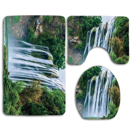GOHAO Waterfall Huge Waterfall Landscape Surrounded By Green Botanic Plants in Nature 3 Piece Bathroom Rugs Set Bath Rug Contour Mat and Toilet Lid Cover