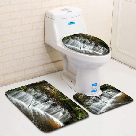 GOHAO Waterfall Landscape 3 Piece Bathroom Rugs Set Bath Rug Contour Mat and Toilet Lid Cover