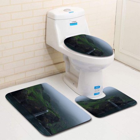 GOHAO Waterfall dropping from high rocky cliffs into ocean Sea Okhotsk around Shiretoko Penin 3 Piece Bathroom Rugs Set Bath Rug Contour Mat and Toilet Lid Cover