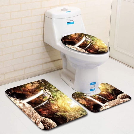 GOHAO Waterfall in Nature Forest 3 Piece Bathroom Rugs Set Bath Rug Contour Mat and Toilet Lid Cover