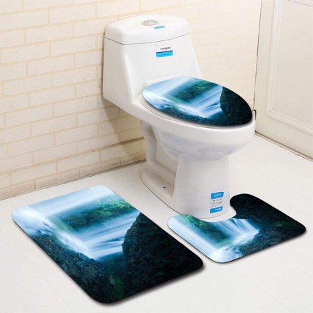 GOHAO Waterfalls Behind Cliff 3 Piece Bathroom Rugs Set Bath Rug Contour Mat and Toilet Lid Cover