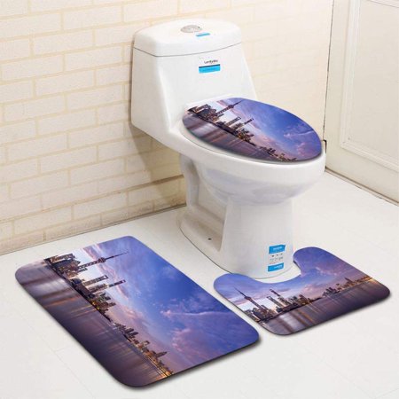 GOHAO Waterfront Cityscape Illuminated Skyline at Dawn 3 Piece Bathroom Rugs Set Bath Rug Contour Mat and Toilet Lid Cover