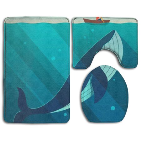 GOHAO Whale Under A Boat 3 Piece Bathroom Rugs Set Bath Rug Contour Mat and Toilet Lid Cover