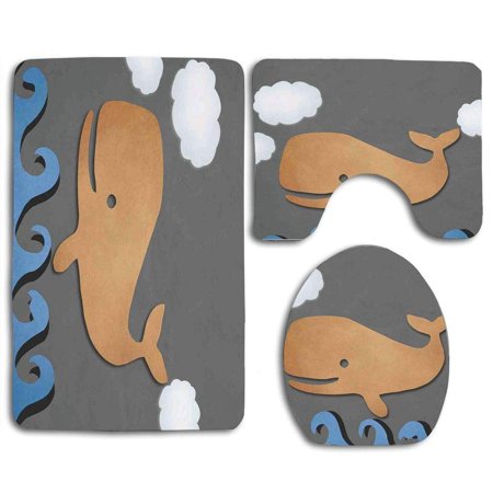 GOHAO Whale Wooden Paper Like ed Whale on Air Paper Based Whale grey Blue and Brown 3 Piece Bathroom Rugs Set Bath Rug Contour Mat and Toilet Lid Cover