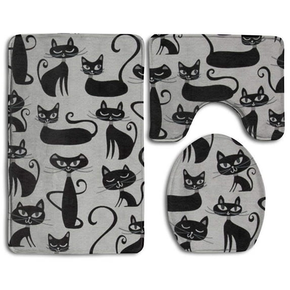 GOHAO Whiskers Tails Cats 3 Piece Bathroom Rugs Set Bath Rug Contour Mat and Toilet Lid Cover