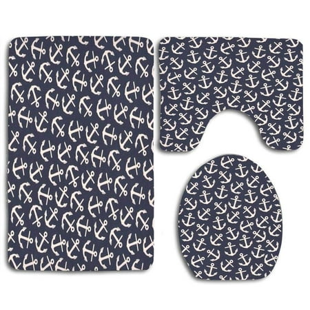 GOHAO White Archor on Dark Blue 3 Piece Bathroom Rugs Set Bath Rug Contour Mat and Toilet Lid Cover