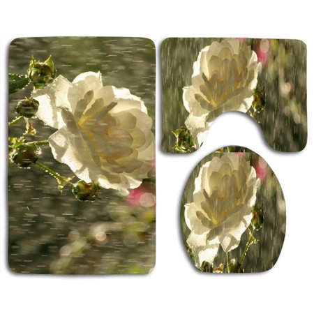 GOHAO White Rose in Rain 3 Piece Bathroom Rugs Set Bath Rug Contour Mat and Toilet Lid Cover