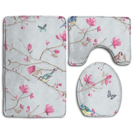 GOHAO Wildflower Floral 3 Piece Bathroom Rugs Set Bath Rug Contour Mat and Toilet Lid Cover