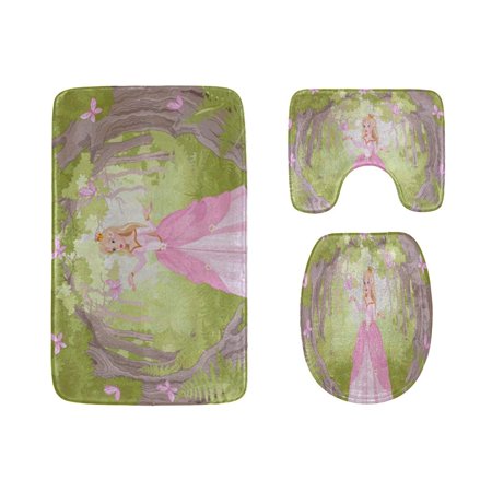 GOHAO Winter Beautiful Princess Riding Horse 3 Piece Bathroom Rugs Set Bath Rug Contour Mat and Toilet Lid Cover