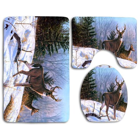 GOHAO Winter Peaceful Reindeer 3 Piece Bathroom Rugs Set Bath Rug Contour Mat and Toilet Lid Cover