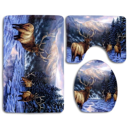 GOHAO Winter River Elk Rosemary 3 Piece Bathroom Rugs Set Bath Rug Contour Mat and Toilet Lid Cover
