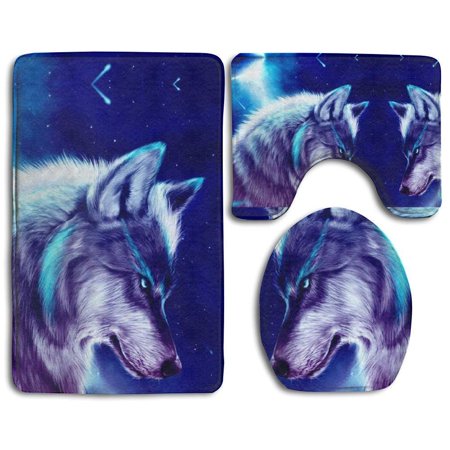GOHAO Wolf 3 Piece Bathroom Rugs Set Bath Rug Contour Mat and Toilet Lid Cover