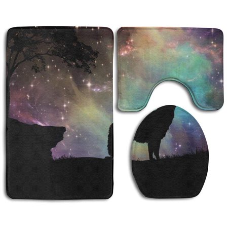 GOHAO Wolf Howling 3 Piece Bathroom Rugs Set Bath Rug Contour Mat and Toilet Lid Cover