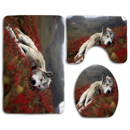 GOHAO Wolf Sleeping in Red Flower Field 3 Piece Bathroom Rugs Set Bath Rug Contour Mat and Toilet Lid Cover