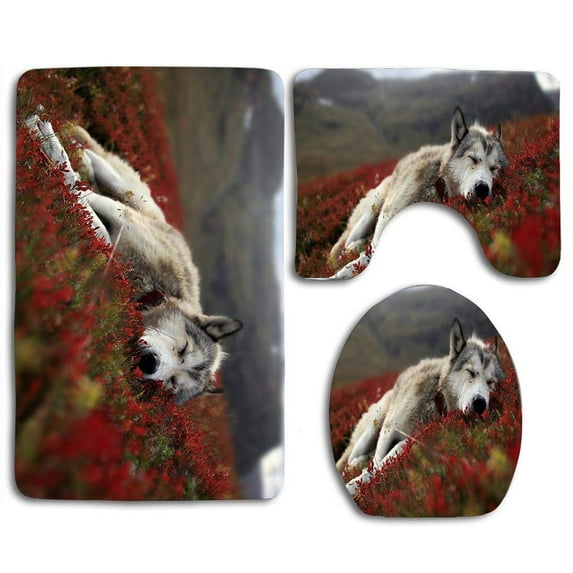 GOHAO Wolf Sleeping in Red Flower Field 3 Piece Bathroom Rugs Set Bath Rug Contour Mat and Toilet Lid Cover
