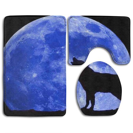GOHAO Wolf Under Moon 3 Piece Bathroom Rugs Set Bath Rug Contour Mat and Toilet Lid Cover