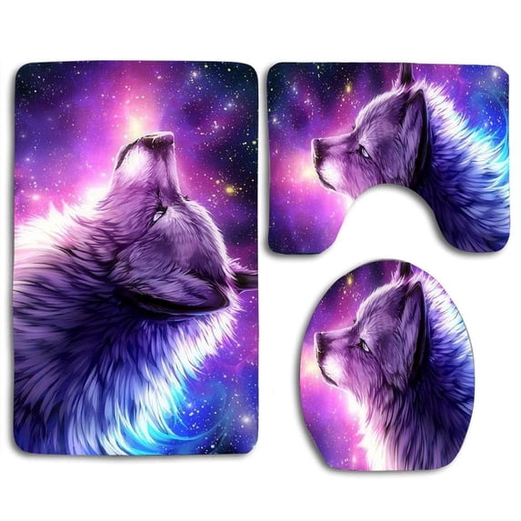 GOHAO Wolves Painting Galaxy 3 Piece Bathroom Rugs Set Bath Rug Contour Mat and Toilet Lid Cover