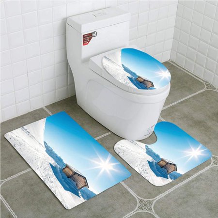 GOHAO Wooden Hut On Ski Slope 3 Piece Bathroom Rugs Set Bath Rug Contour Mat and Toilet Lid Cover