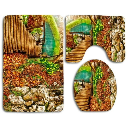 GOHAO Wooden Path 3 Piece Bathroom Rugs Set Bath Rug Contour Mat and Toilet Lid Cover