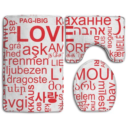 GOHAO World Love Word Red White 3 Piece Bathroom Rugs Set Bath Rug Contour Mat and Toilet Lid Cover