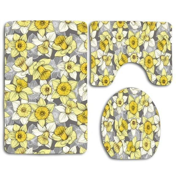 GOHAO Yellow Grey Daffodil 3 Piece Bathroom Rugs Set Bath Rug Contour Mat and Toilet Lid Cover