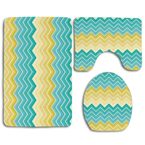 GOHAO Yellow and Blue Horizontal Chevron Motifs Zigzag Lines Ombre Inspired 3 Piece Bathroom Rugs Set Bath Rug Contour Mat and Toilet Lid Cover