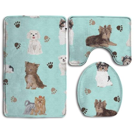 GOHAO Yorkie Maltese Biewer Terriers Dogs Customized 3 Piece Bathroom Rugs Set Bath Rug Contour Mat and Toilet Lid Cover