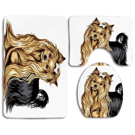 GOHAO Yorkie Realistic Drawing Long Haired Yorkie Domestic Pet Cute Dog Mild Expression 3 Piece Bathroom Rugs Set Bath Rug Contour Mat and Toilet Lid Cover