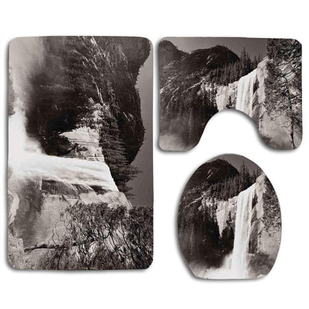 GOHAO Yosemite Waterfalls in Yosemite National Park in California Monochromic Old 3 Piece Bathroom Rugs Set Bath Rug Contour Mat and Toilet Lid Cover