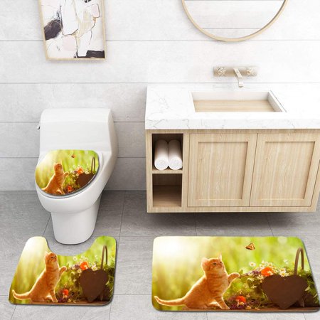 GOHAO Young cat and Butterfly Medicinal Herbs 3 Piece Bathroom Rugs Set Bath Rug Contour Mat and Toilet Lid Cover