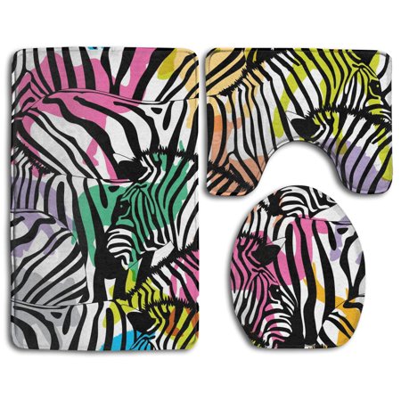 GOHAO Zebra Colorful Silhouette 3 Piece Bathroom Rugs Set Bath Rug Contour Mat and Toilet Lid Cover