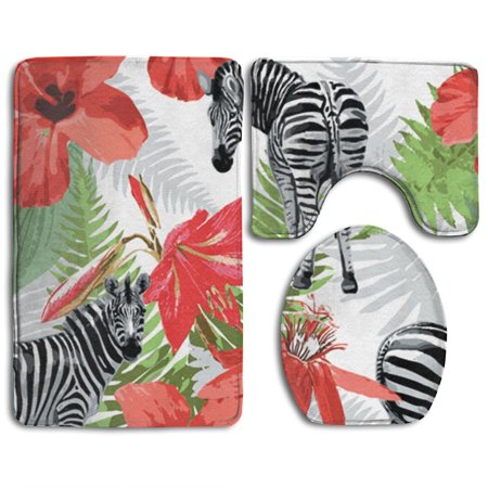 GOHAO Zebro And Flower 3 Piece Bathroom Rugs Set Bath Rug Contour Mat and Toilet Lid Cover