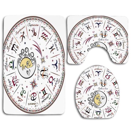 GOHAO Zodiac Division Colorful Astrology Icons Map Most Familiar Planets Sun and Moon 3 Piece Bathroom Rugs Set Bath Rug Contour Mat and Toilet Lid Cover