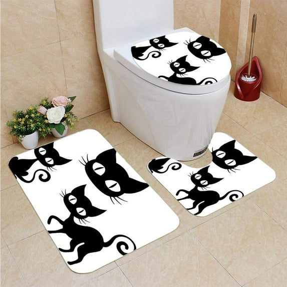 GOHAO cat 3 Piece Bathroom Rugs Set Bath Rug Contour Mat and Toilet Lid Cover