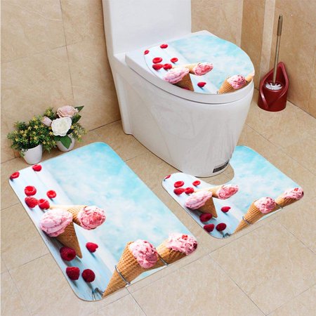 GOHAO ice Cream 3 Piece Bathroom Rugs Set Bath Rug Contour Mat and Toilet Lid Cover