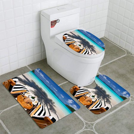 GOHAO recliners Champagne at a Tropical Caribbean Beach 3 Piece Bathroom Rugs Set Bath Rug Contour Mat and Toilet Lid Cover