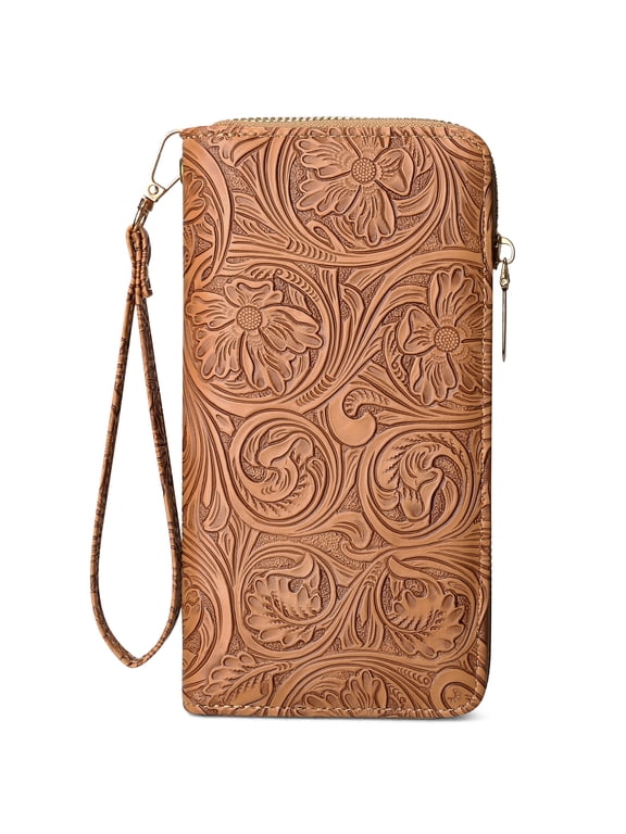 Floral Embossed Zip Around Wallet for Women,Large Capacity Phone Purse Card Holder with Detachable Wrist Strap