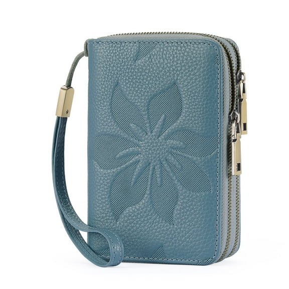 GOIACII Women's Floral Leather Wallet Double Zip Credit Card Holder with Rfid Blocking Medium Size Wristlet Purse