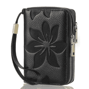GOIACII Womens Floral Leather Wallet Double Zip Credit Card Holder with Rfid Blocking Medium Size Wristlet Purse