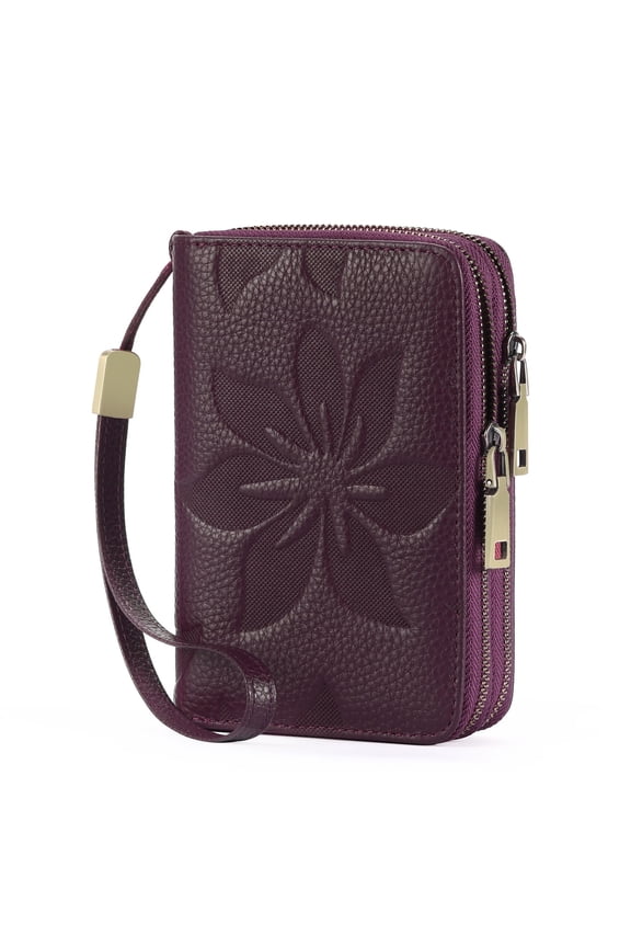 Women's Floral Leather Wallet Double Zip Credit Card Holder with Rfid Blocking Medium Size Wristlet Purse