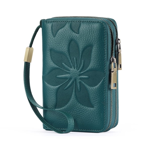 GOIACII Women's Floral Leather Wallet Double Zip Credit Card Holder with Rfid Blocking Medium Size Wristlet Purse