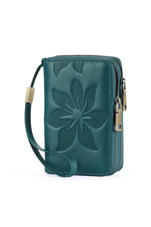 Women's Floral Leather Wallet Double Zip Credit Card Holder with Rfid Blocking Medium Size Wristlet Purse
